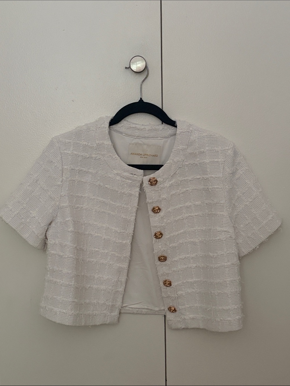 Amanda Uprichard White Tweed Cropped Short-Sleeve Jacket with Gold Buttons